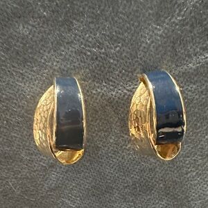 Gold Tone and Navy Enamel Clip-On Earrings